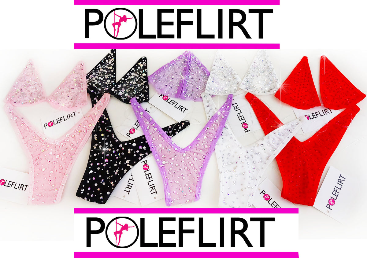 5 different vibrantly colored micro tiny bikini sets laid flat on a white background with the logo of POLEFLIRT in the background.