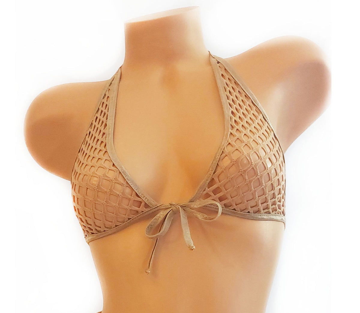 Beige fishnet bikini set on a mannequin against a white background