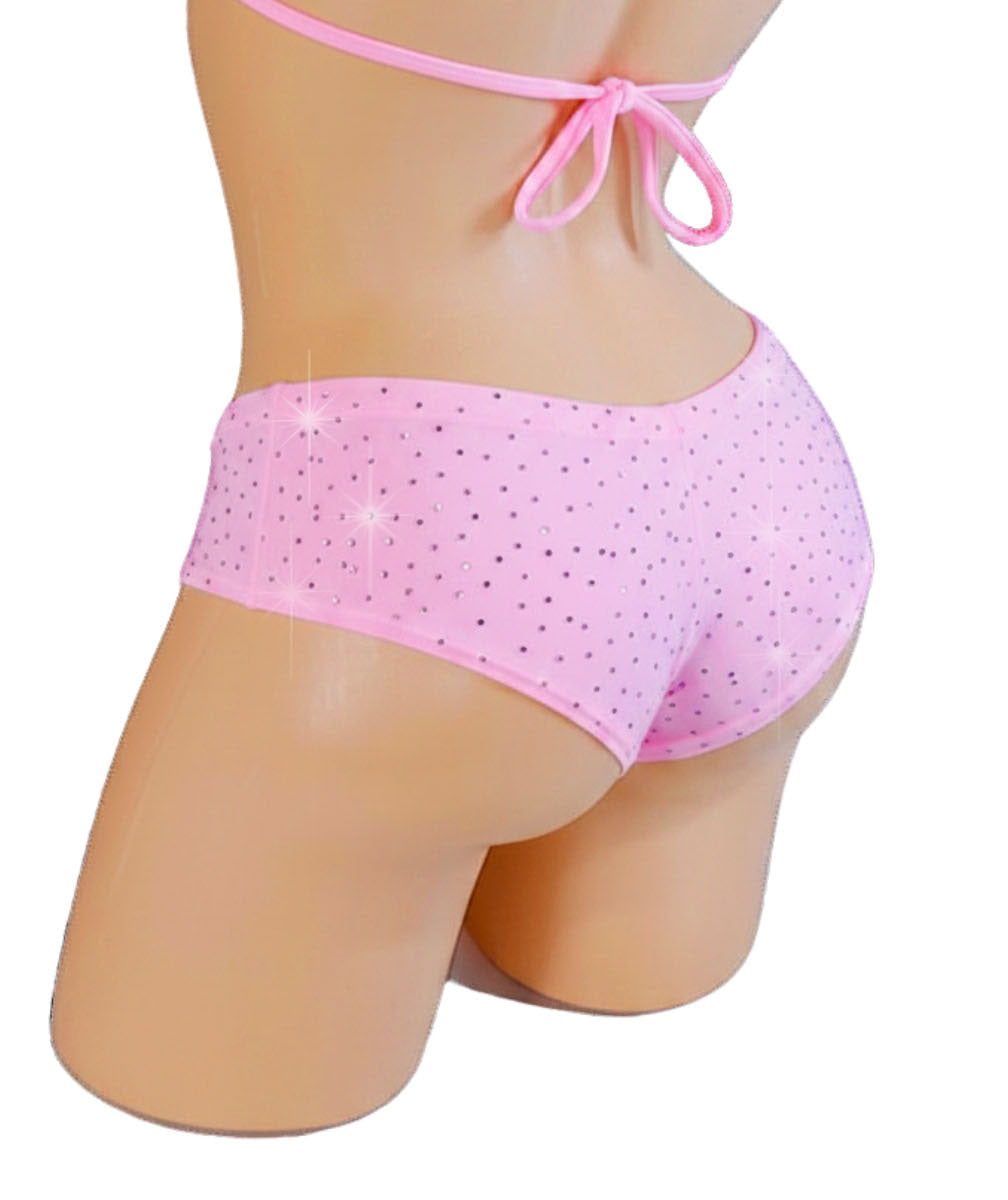 Pink bikini bottom with rhinestone detail on a white background