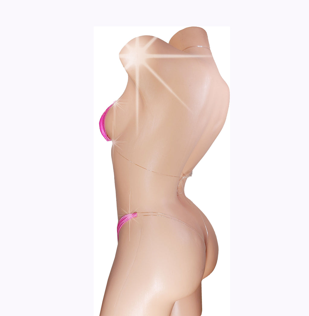 A glossy mannequin torso wearing a pink bikini top and matching bikini bottom, shown in side profile against a plain white background.