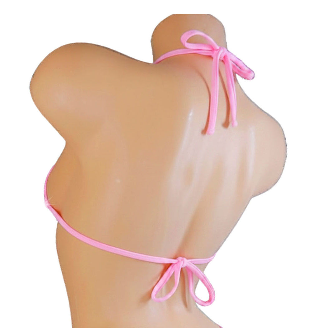 Back view of a Pink bikini top on a mannequin against a white background