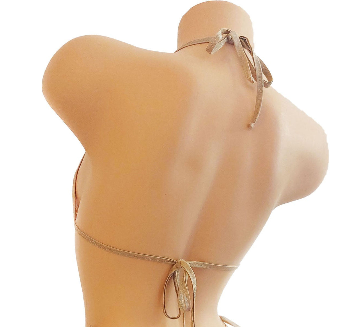 Beige bikini set on a mannequin against a white background