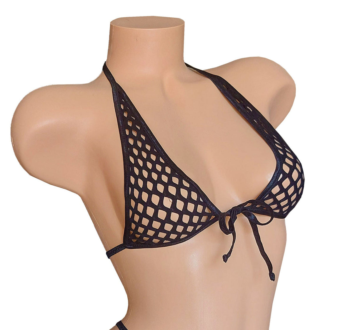 Black fishnet bikini set on a mannequin against a white background