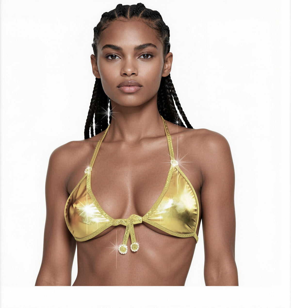 A model wearing a gold metallic shiny triangle top accented with a triple row of diamond circles at the straps and the front ties, against a white backdrop.