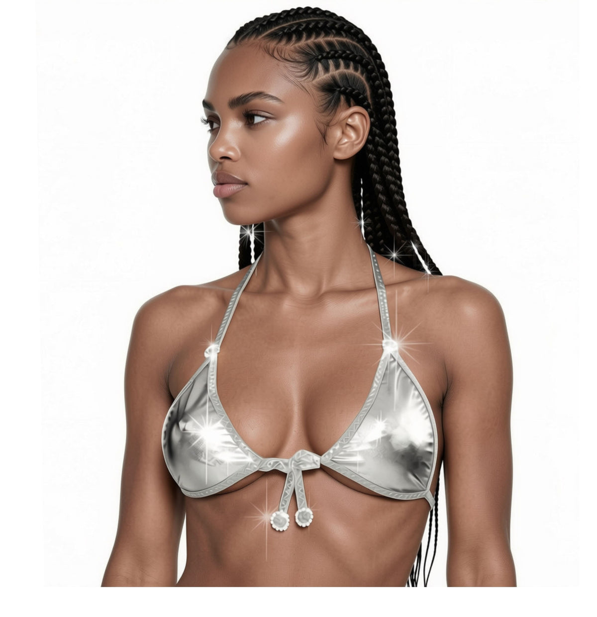 A model looking to the side and wearing a metallic silver bikini top with diamond circle accents on the adjustable straps against a white backdrop.