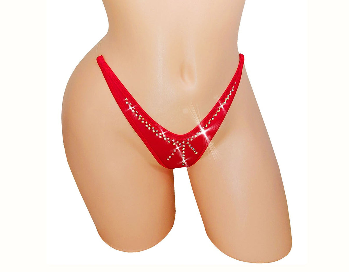Red bikini bottom with rhinestone embellishments displayed on a beige mannequin torso against a plain white background.