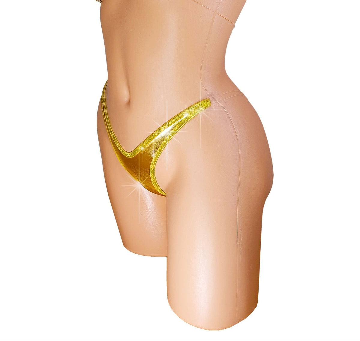 Mannequin wearing a yellow bikini on a white background