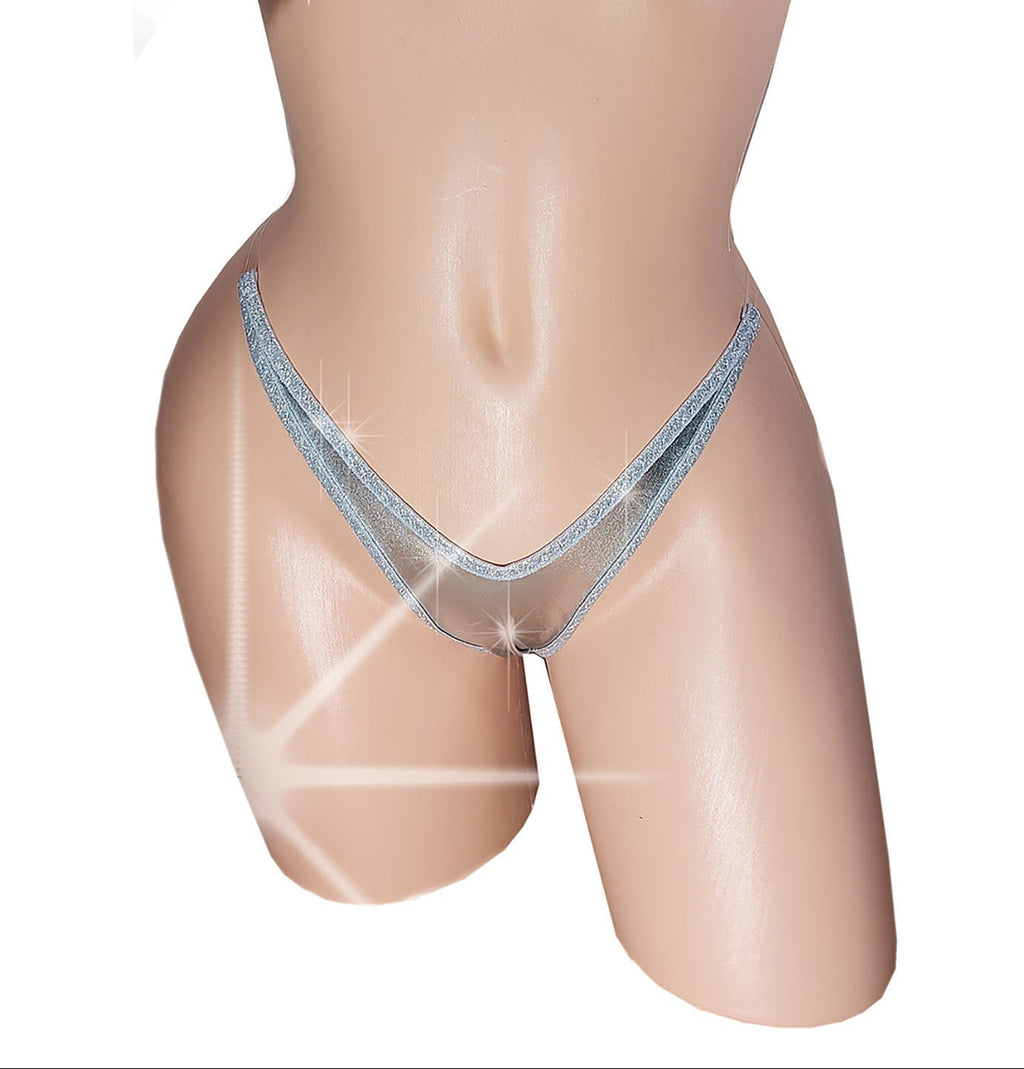 A two-piece metallic silver bikini set displayed on a beige mannequin torso against a plain white background. The bikini features a halter-style top with ruched, shell-like cups and a matching low-rise, thong-style bottom with a sheer mesh and silver trim.