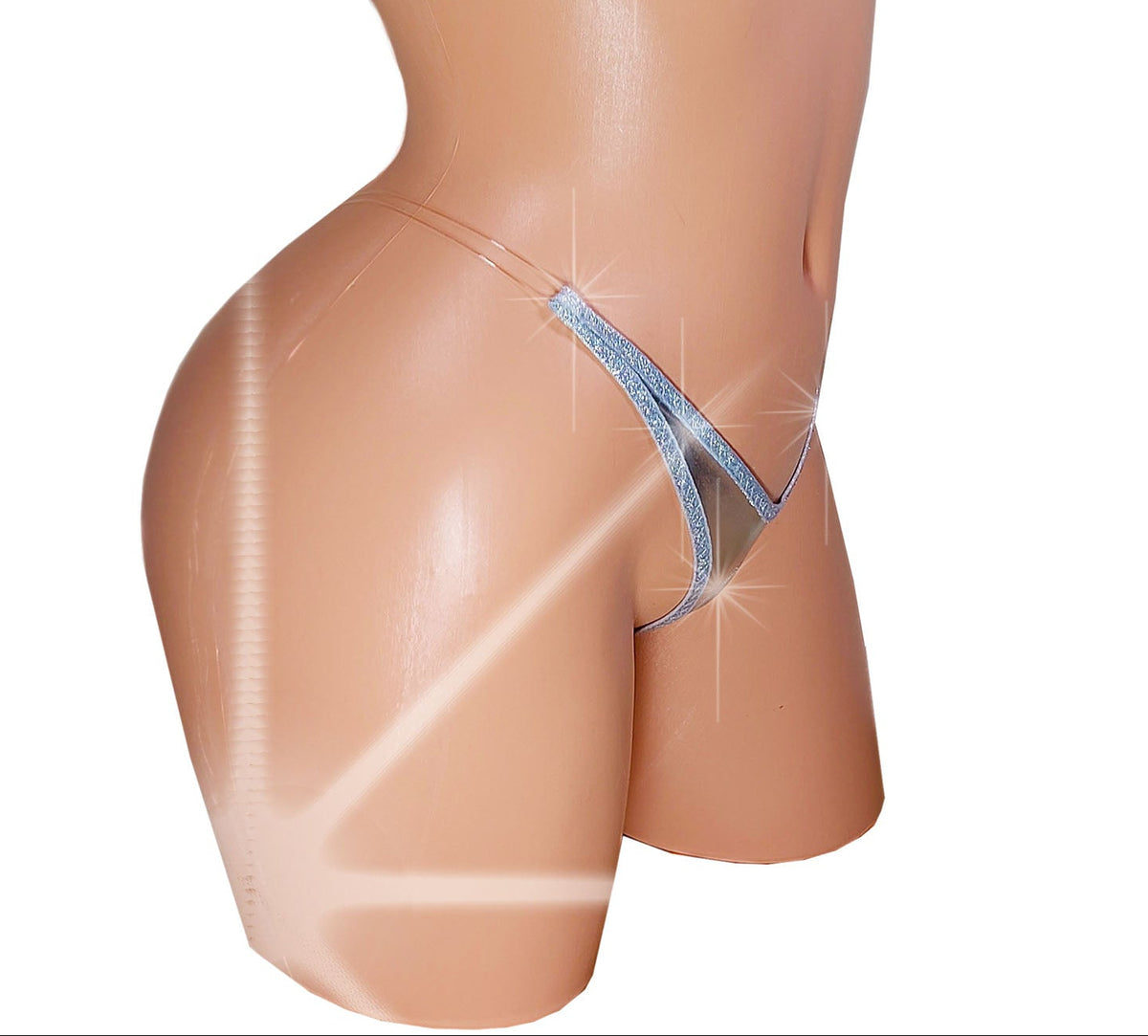 Silver bikini bottom on a mannequin torso against a plain background.
