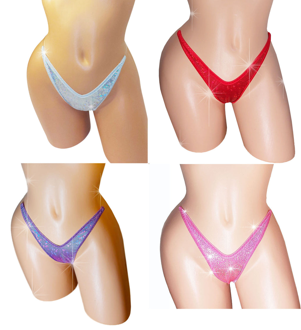 Four bikini-style underwear bottoms shown on mannequin lower torsos, arranged in a 2x2 grid. The top-left pair is light blue with a glittery pattern; the top-right pair is bright red with a glittery pattern; the bottom-left pair is purple with a glittery pattern; the bottom-right pair is pink with a glittery pattern.