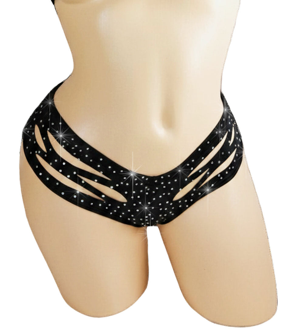 Black rhinestone cutout boyshort bikini bottom on a mannequin against a white background