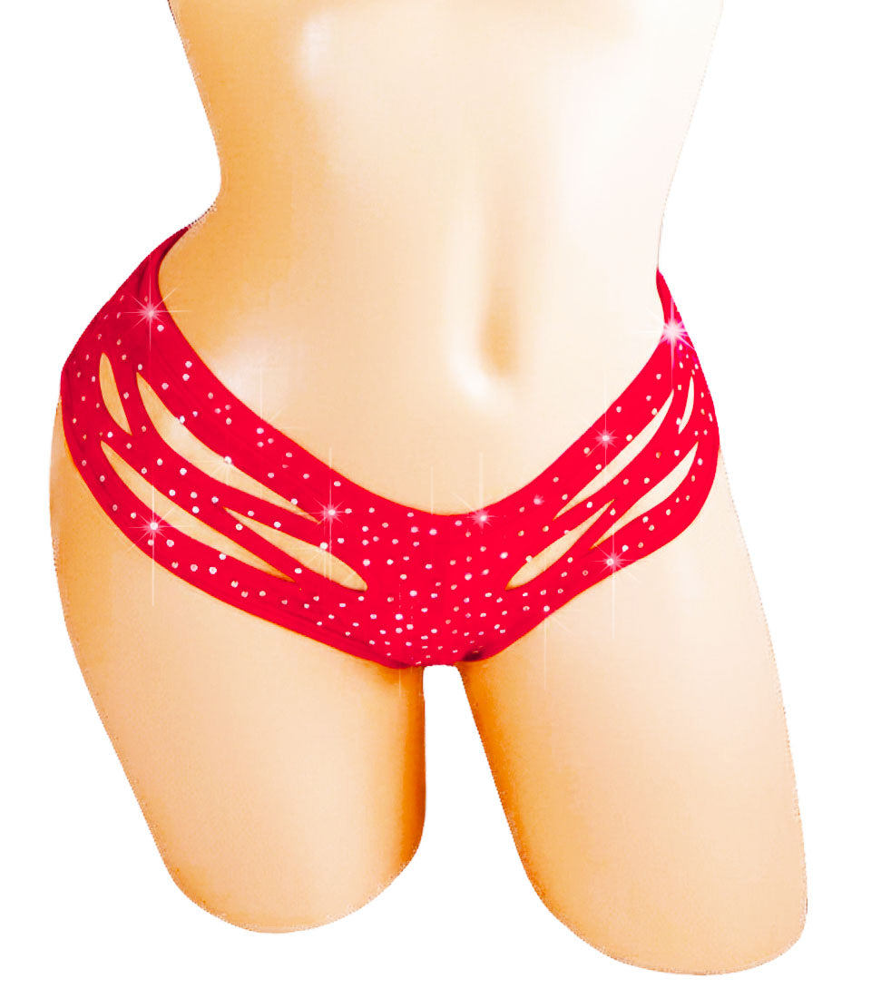 Red bikini bottom with cut-out design on a mannequin against a white background