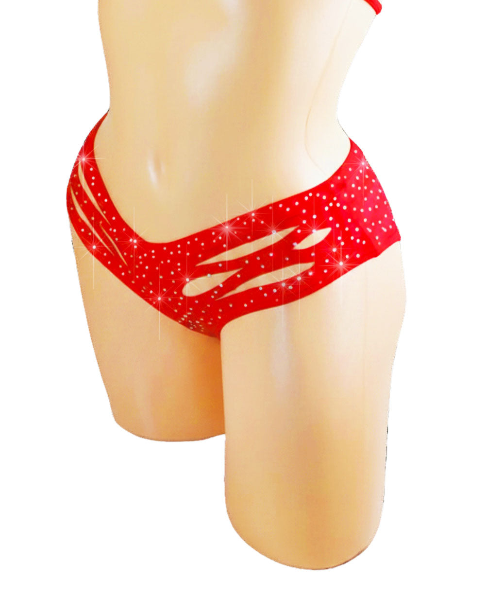 Red rhinestone boyshorts with cutouts on a mannequin against a white background