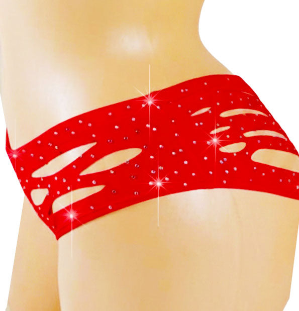 Red bedazzled crystal diamonte rhinestone shorts with cut-out design on a mannequin