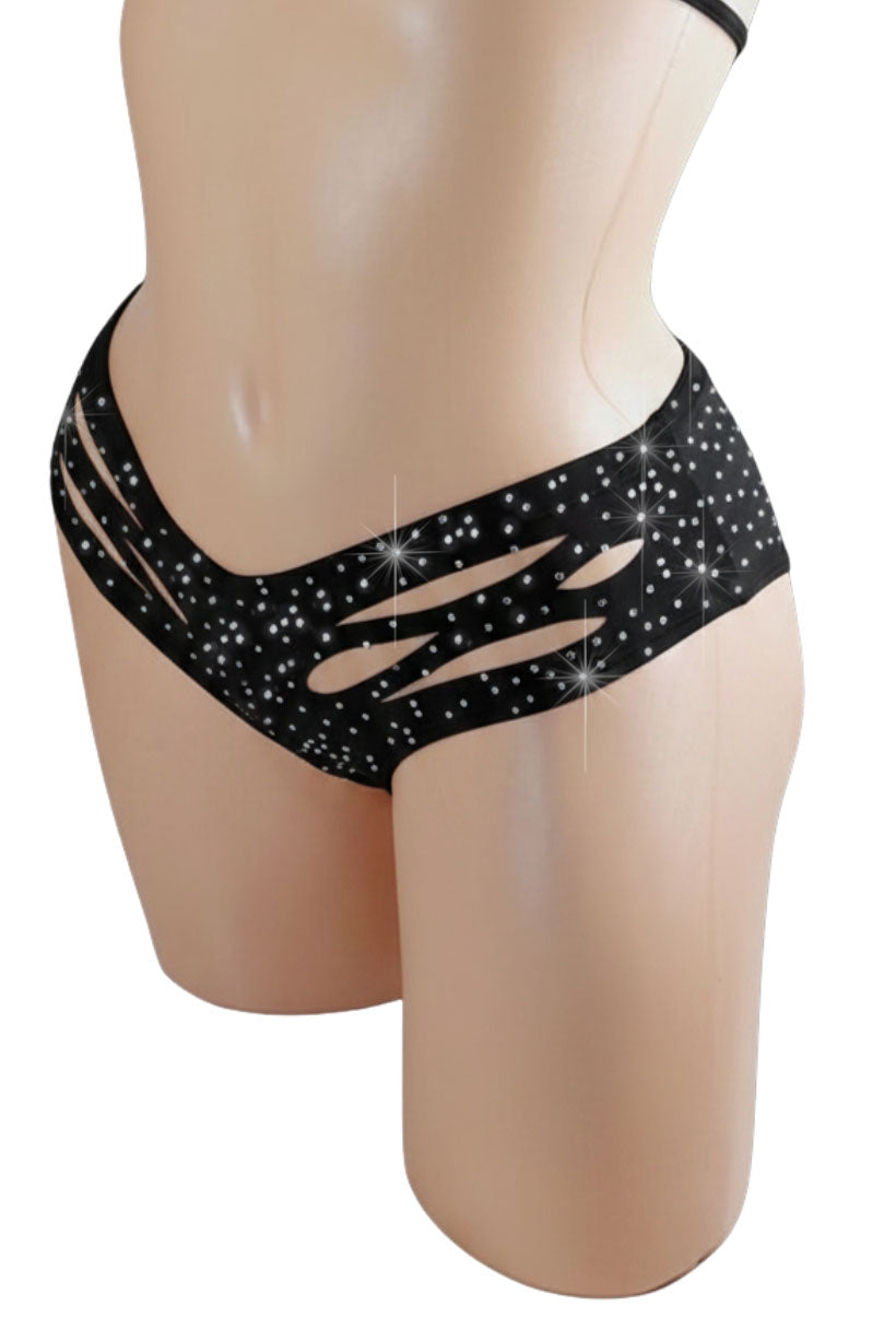 Black boyshort bikini bottom with cut-out design and rhinestone embellishments on a mannequin.