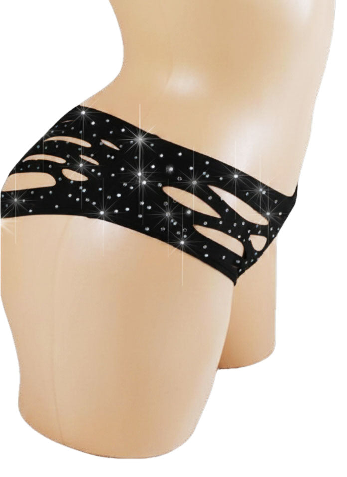 Black rhinestone cutout boyshort bikini bottom on a mannequin against a white background