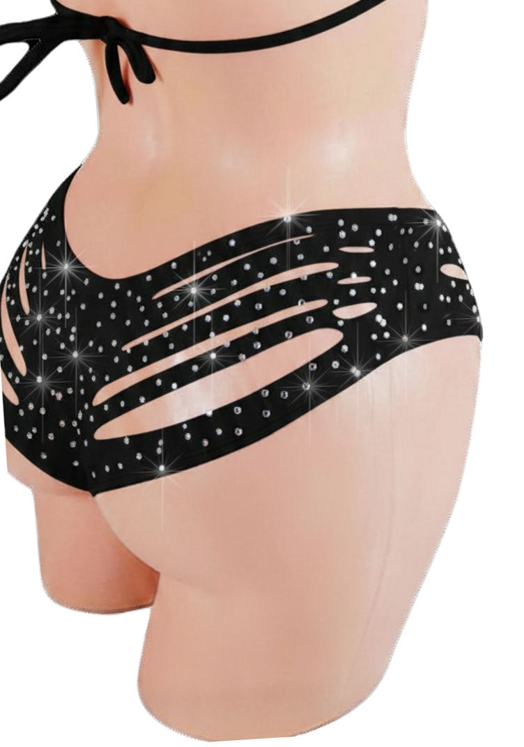 Black bikini boy shorts bottom with cut-out design and rhinestone embellishments on a mannequin.