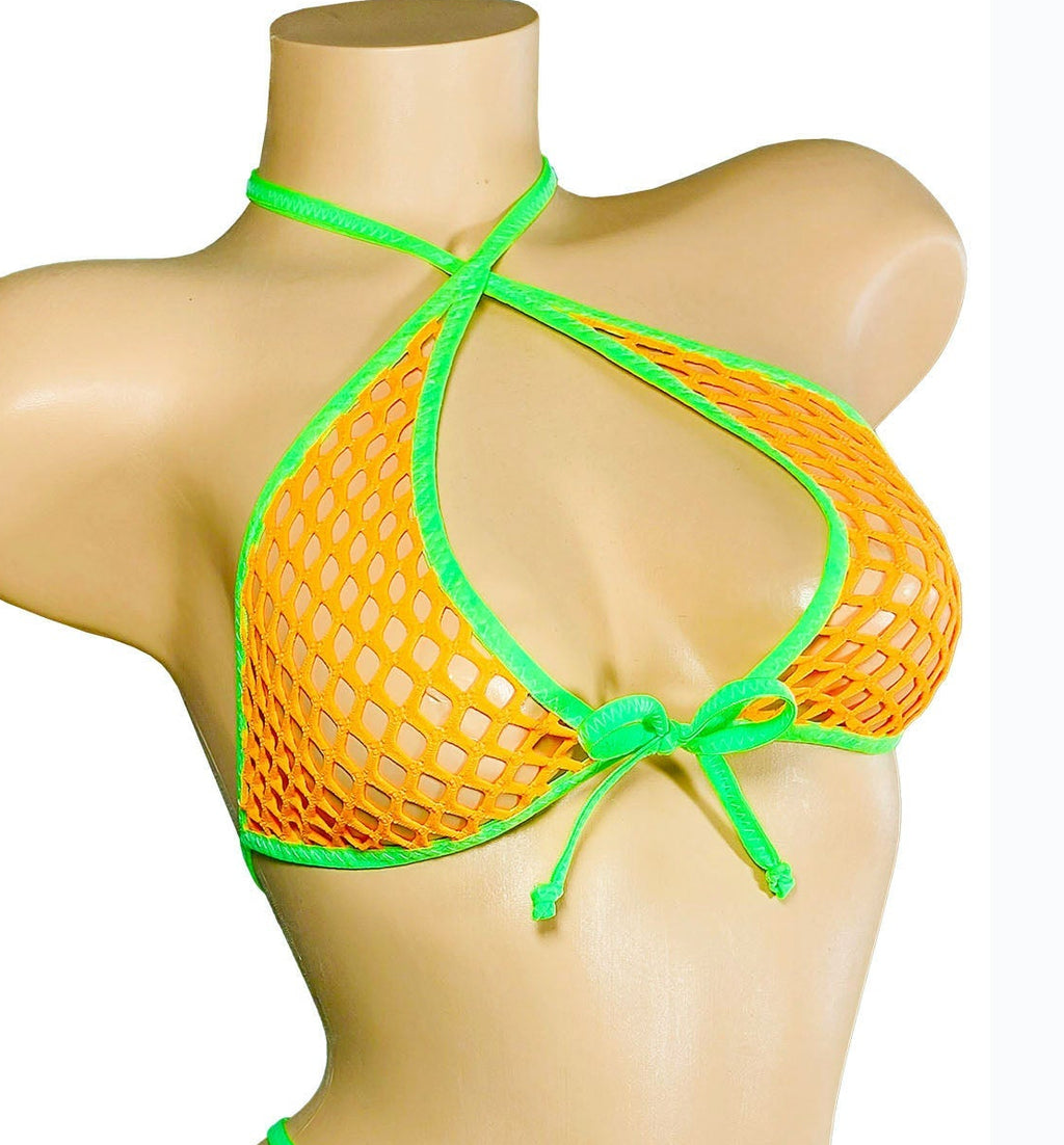 Neon green and orange fishent bikini on a mannequin against a white background