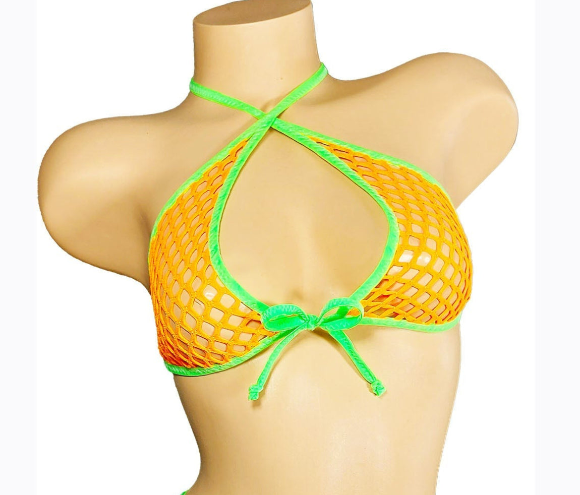 Mannequin wearing a bright orange fishnet halter bikini with neon green trim on a white background