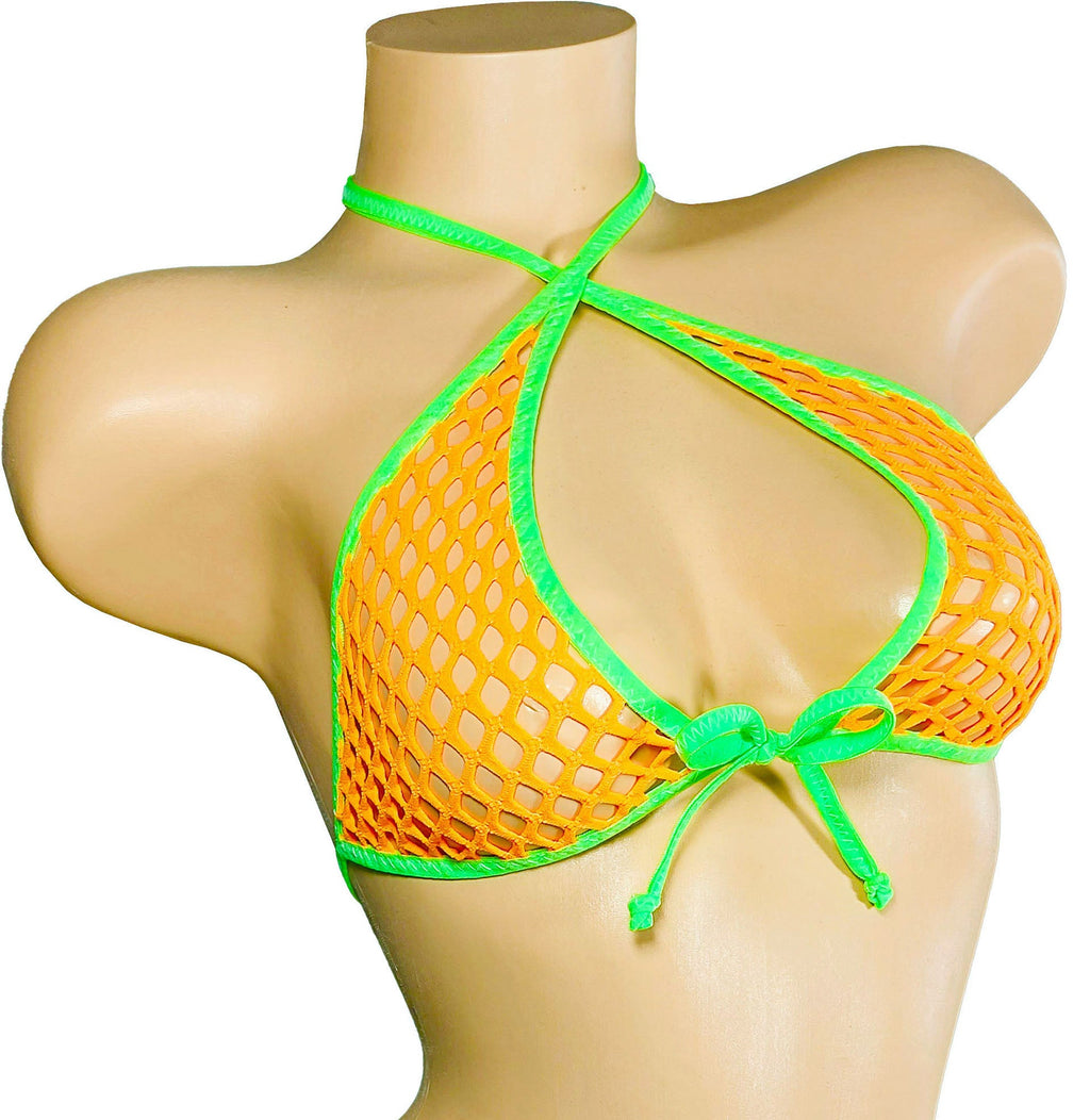 Neon green and orange fishnet bikini top on a mannequin