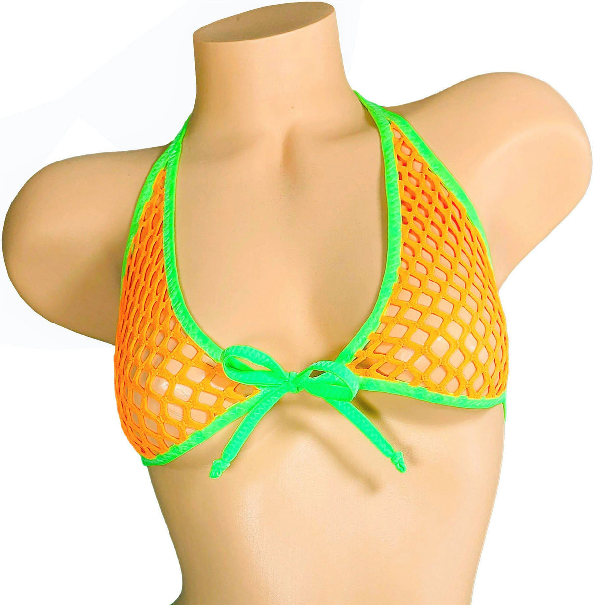Neon green and orange fishnet halter top on a mannequin against a white background