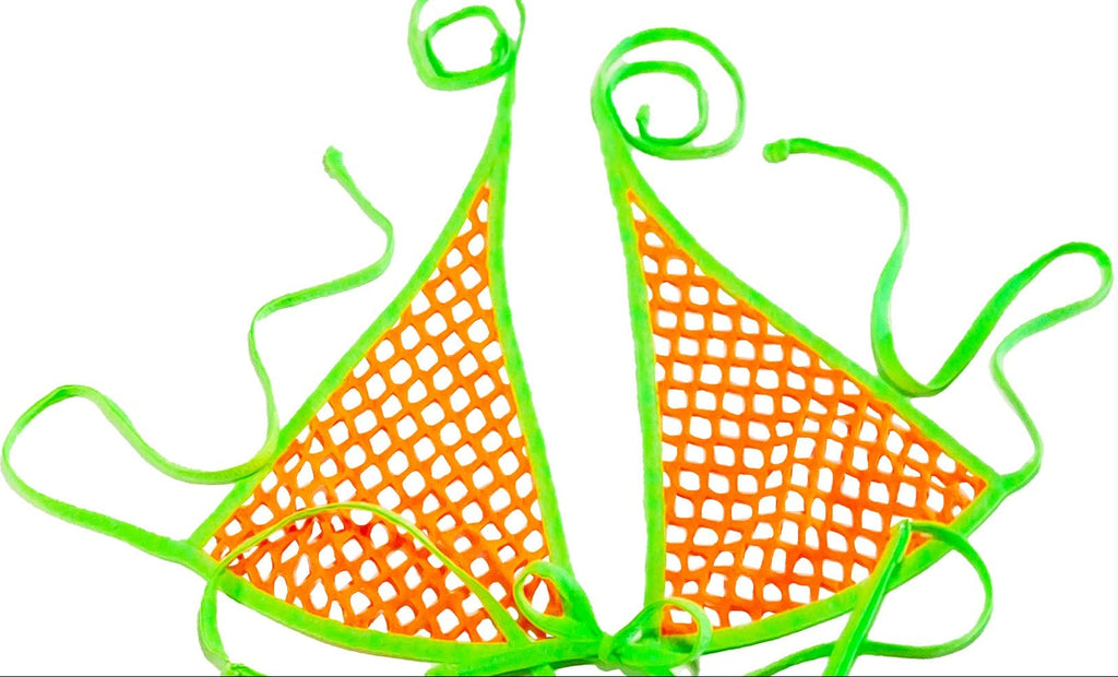 Neon green and orange fishnet bikini set on a white background