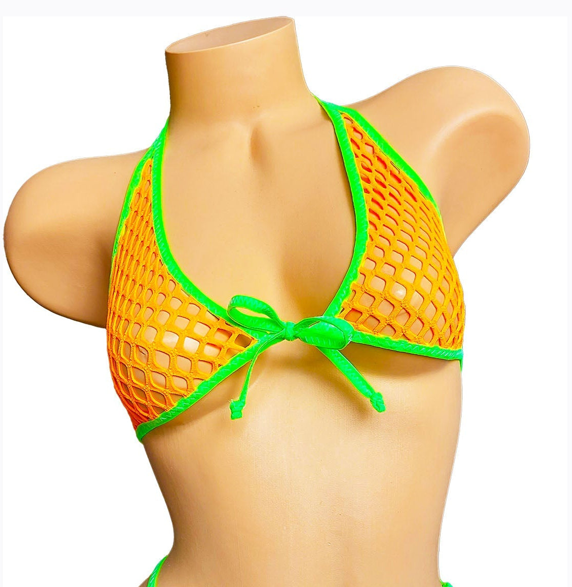 Orange fishnet bikini with green accents on a mannequin against a white background