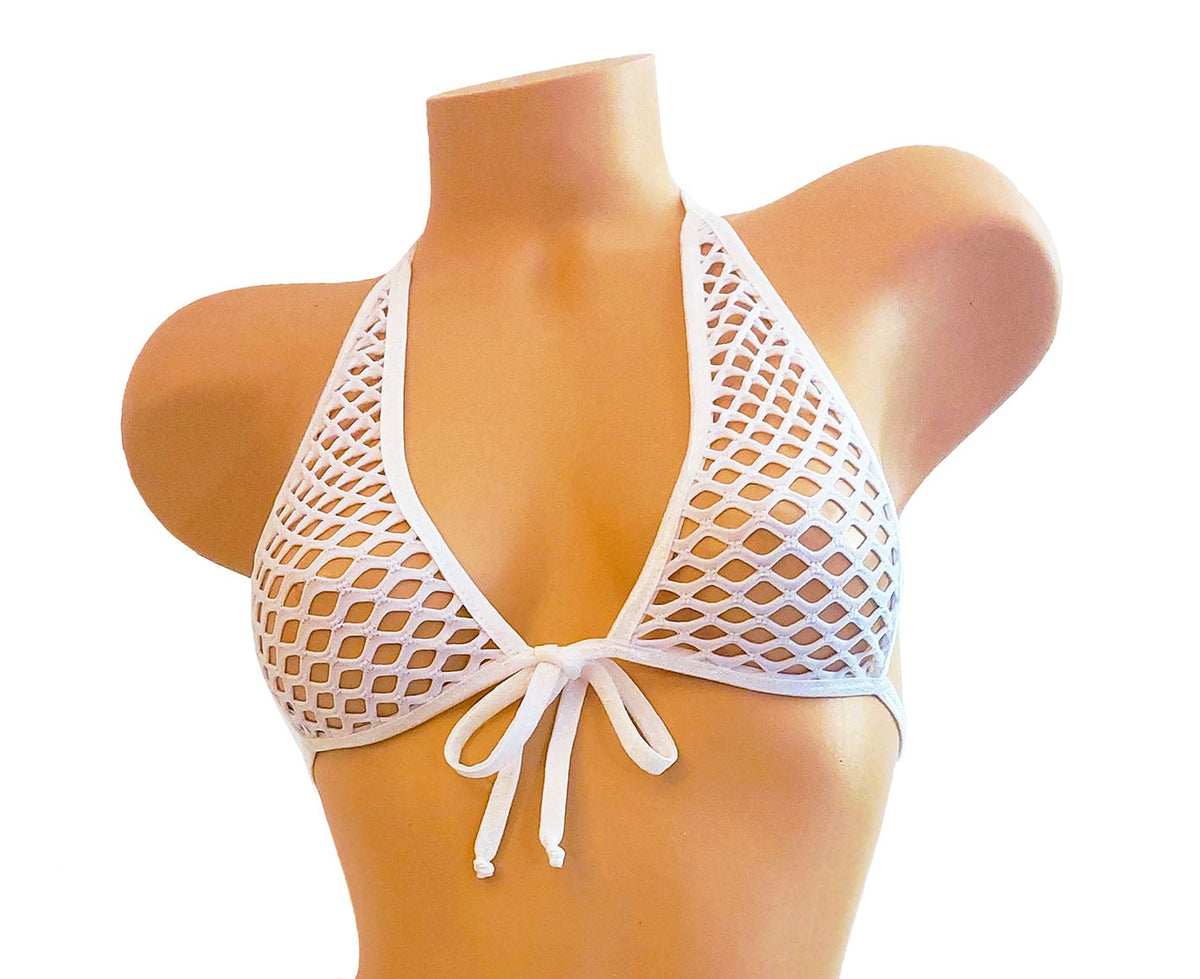 White fishnet string bikini set displayed on a tan mannequin torso against a plain white background.