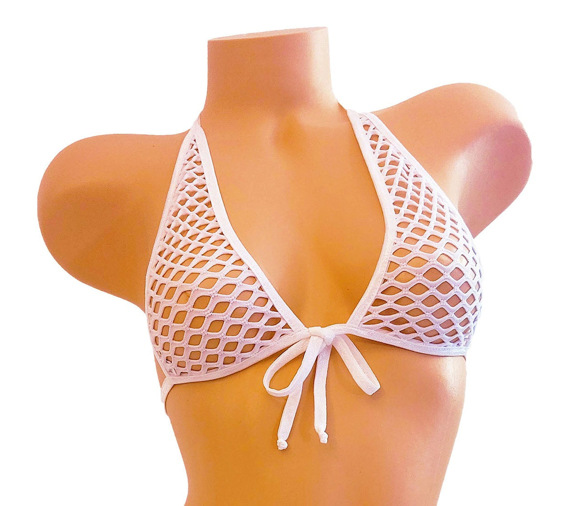 White fishnet halter top on a plastic beige mannequin against a white background.