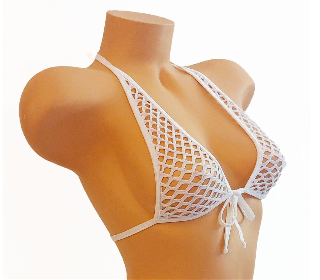 Side view of White fishnet halter top on a plastic beige mannequin against a white background.
