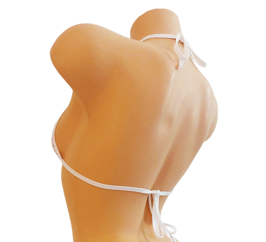 White string bikini bottom shown on a tan mannequin torso against a plain white background.