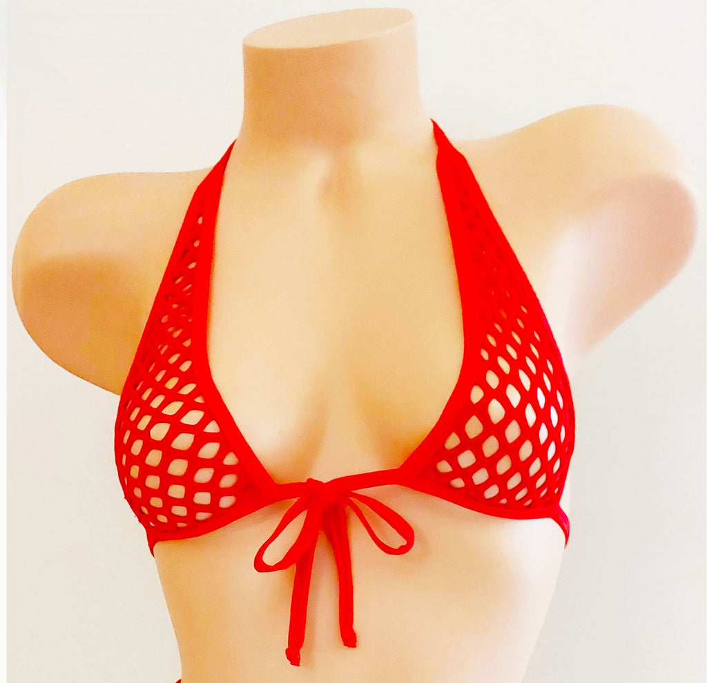 Red fishnet halter top on a beige plastic mannequin torso against a plain background.
