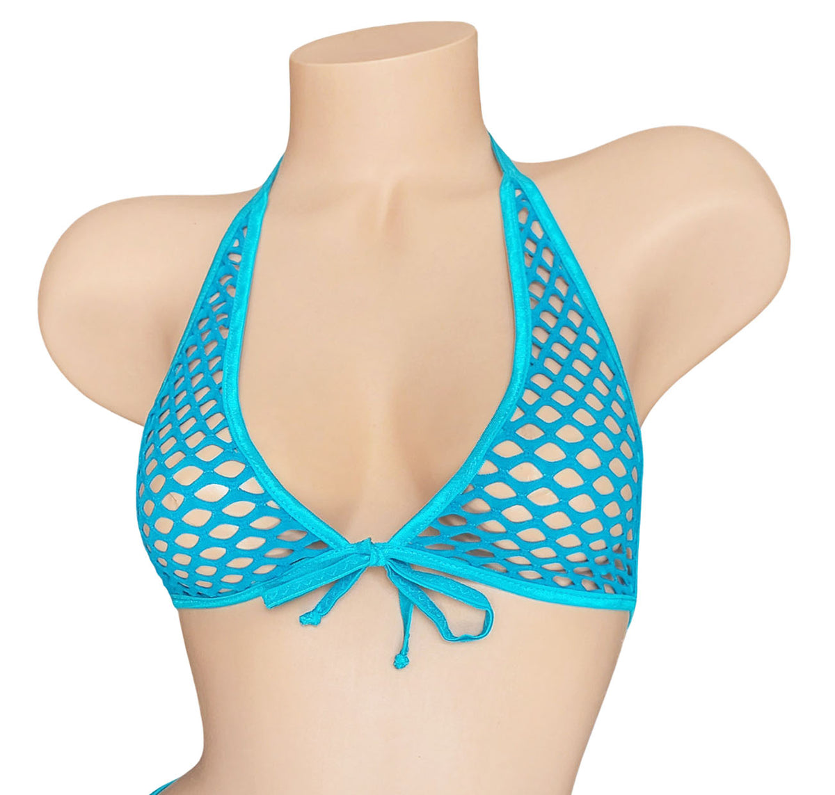 A bright turquoise blue fishnet halter bikini top displayed on a beige mannequin torso against a plain white background.