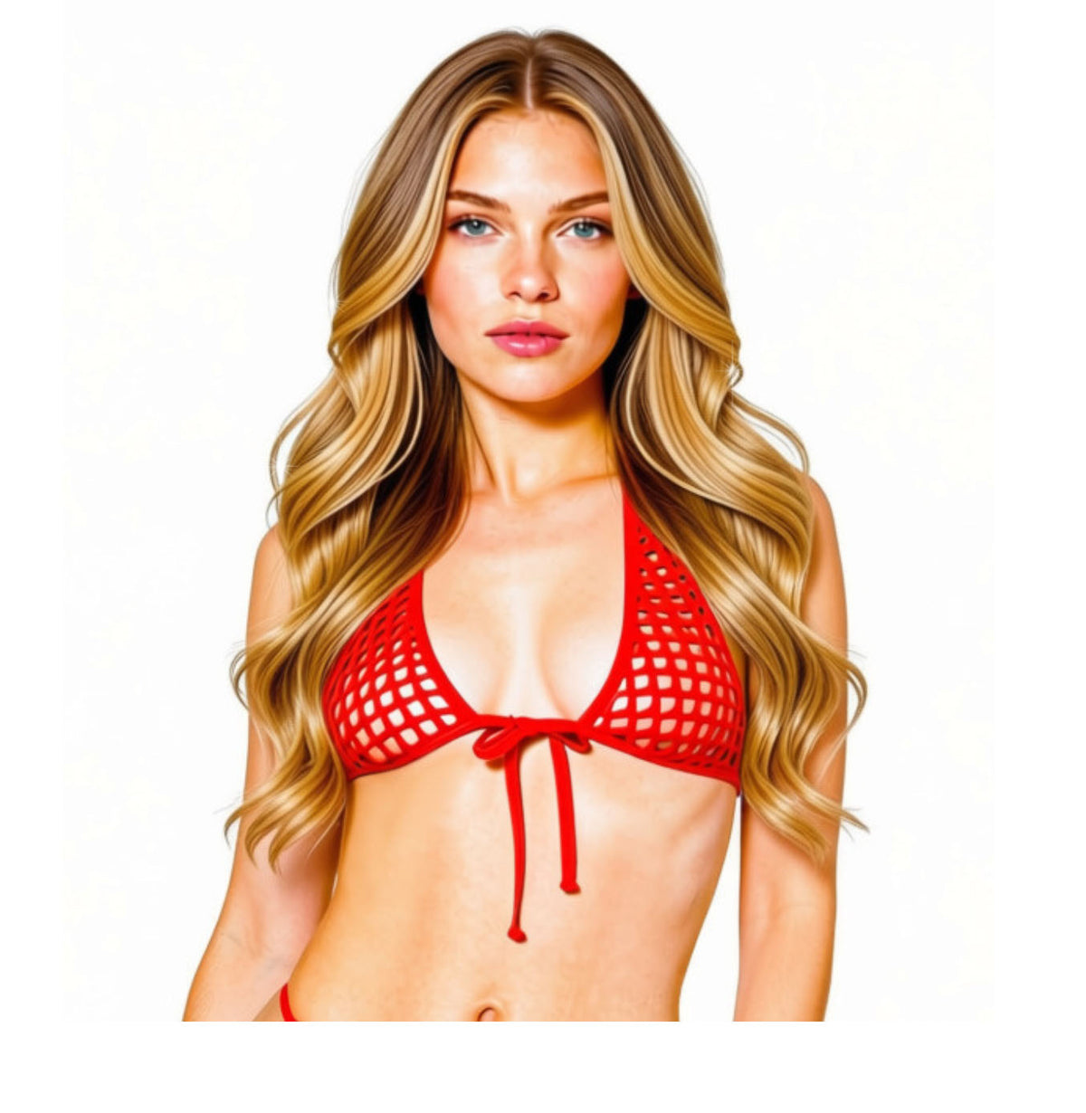 A model wearing a Red fishnet halter top against a plain background.