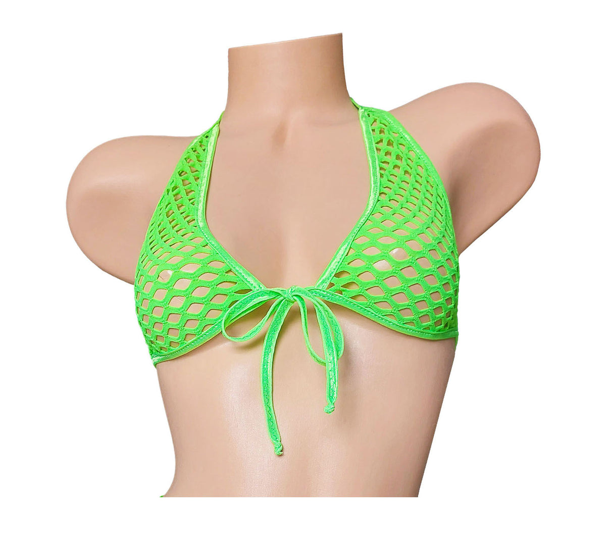 A neon green fishnet halter bikini top displayed on a beige mannequin torso against a plain white background.
