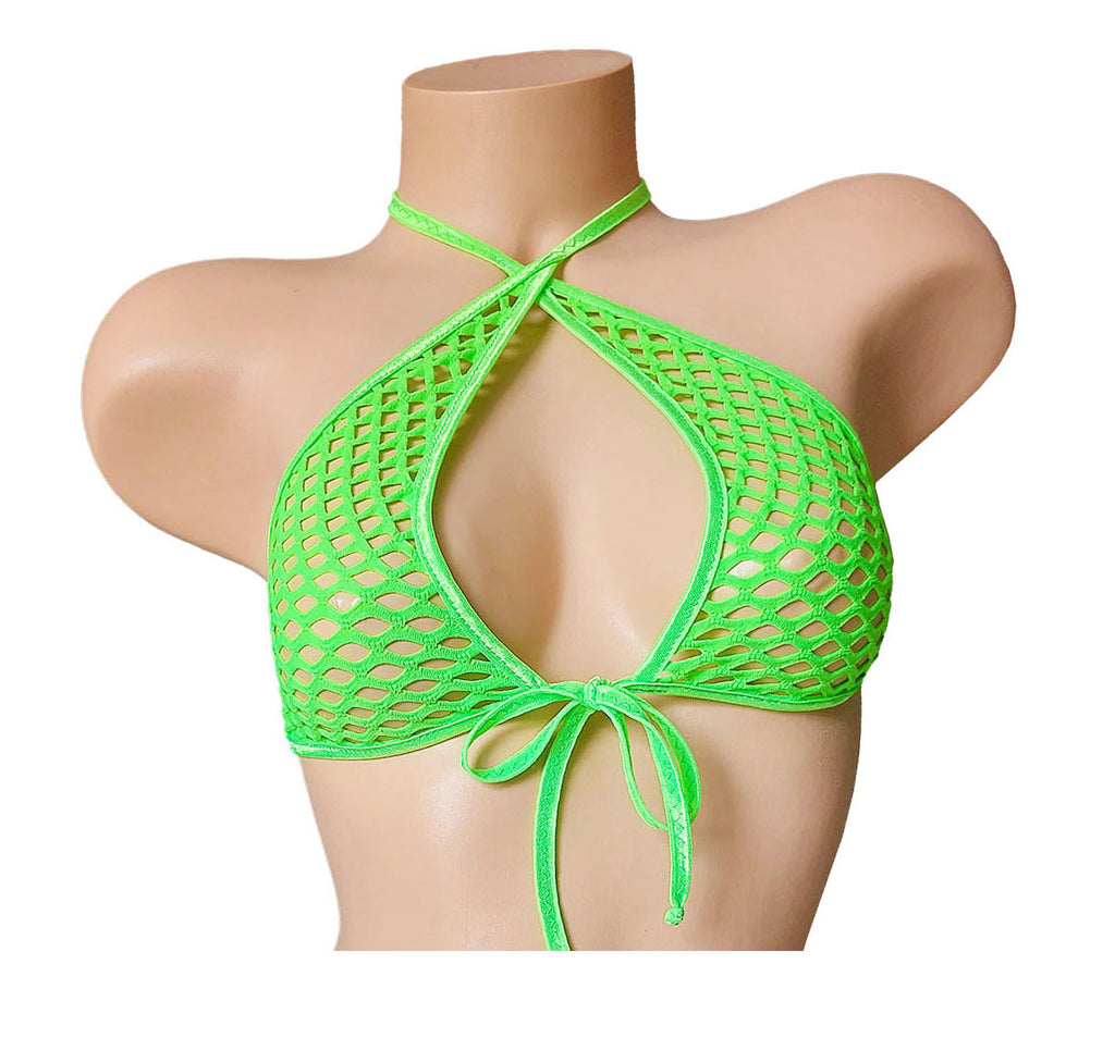 A bright neon green fishnet halter bikini top displayed on a beige mannequin torso against a plain white background.