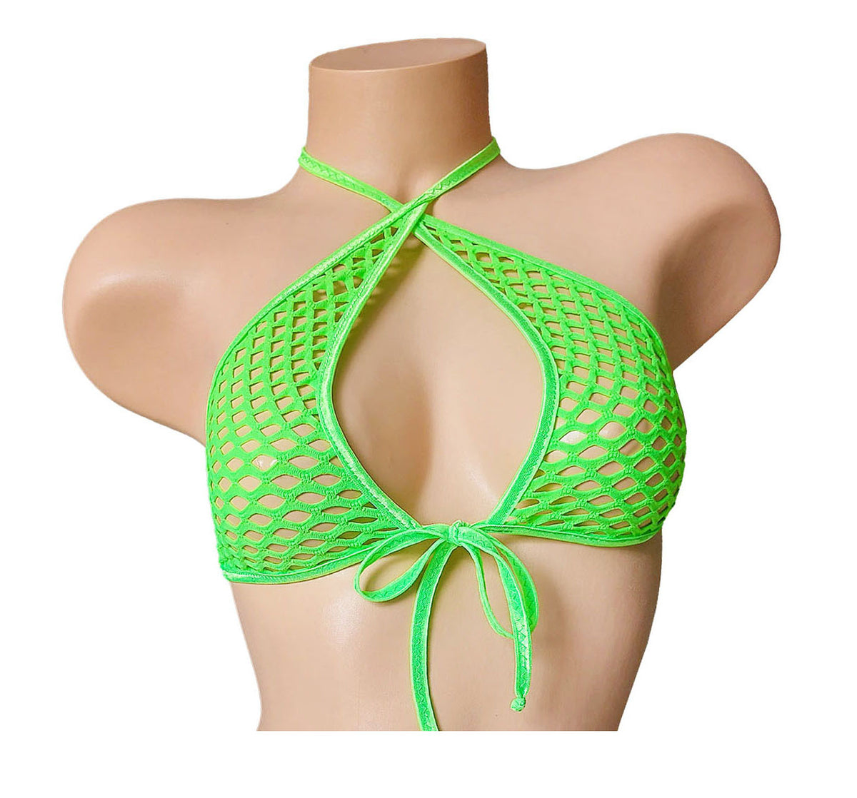 A bright neon green fishnet halter bikini top displayed on a beige mannequin torso against a plain white background.