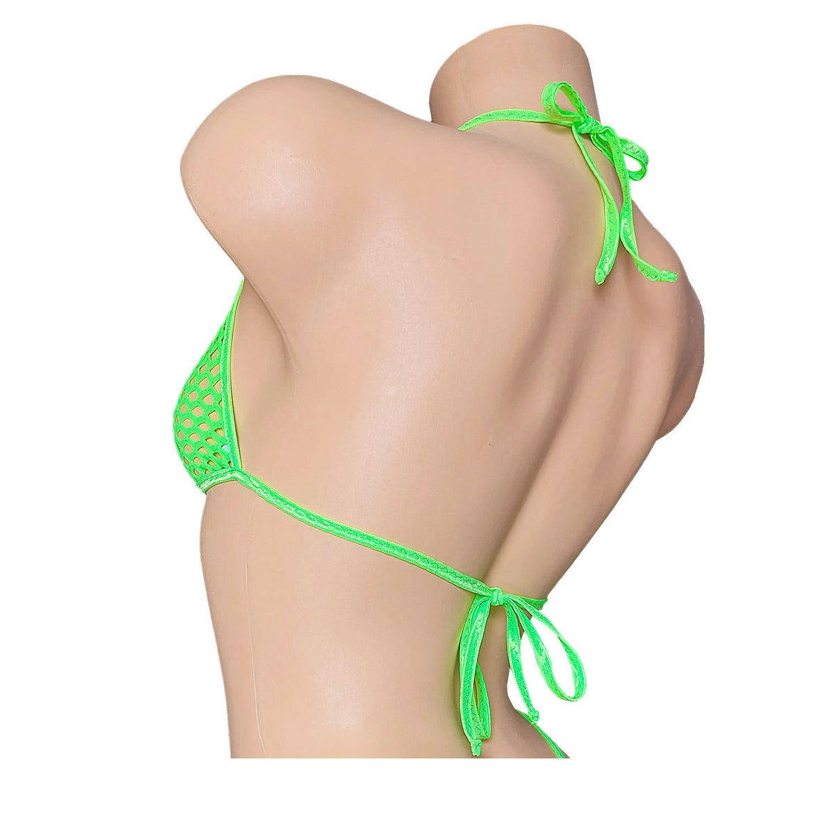 Back view of a bright neon green fishnet halter bikini top displayed on a beige mannequin torso against a plain white background.
