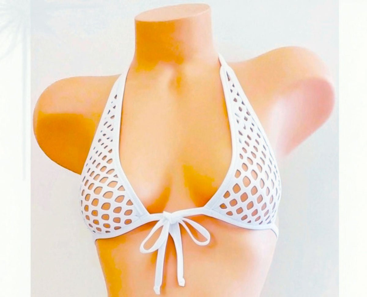 White fishnet mesh triangle bikini top displayed on a peach-colored mannequin torso against a light background.