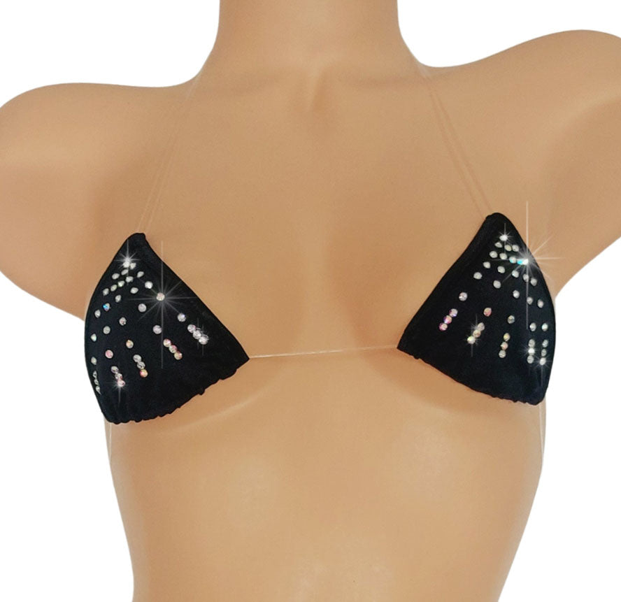 Black triangle bikini top with rhinestone design on a plastic beige female torso mannequin against a plain background.