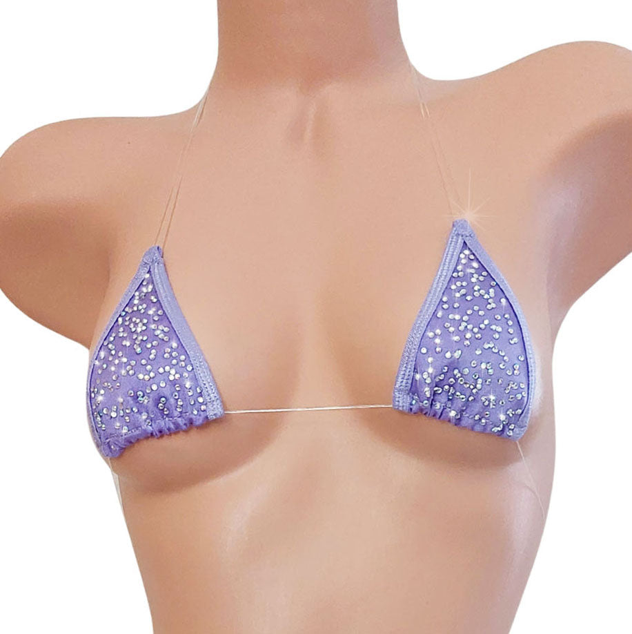 A lavender purple triangle bikini top with rhinestone embellishments, displayed on a beige mannequin torso against a white background.