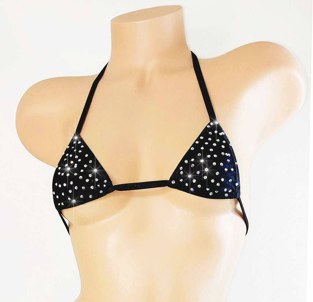 Black bikini top with sparkling details on a mannequin against a white background