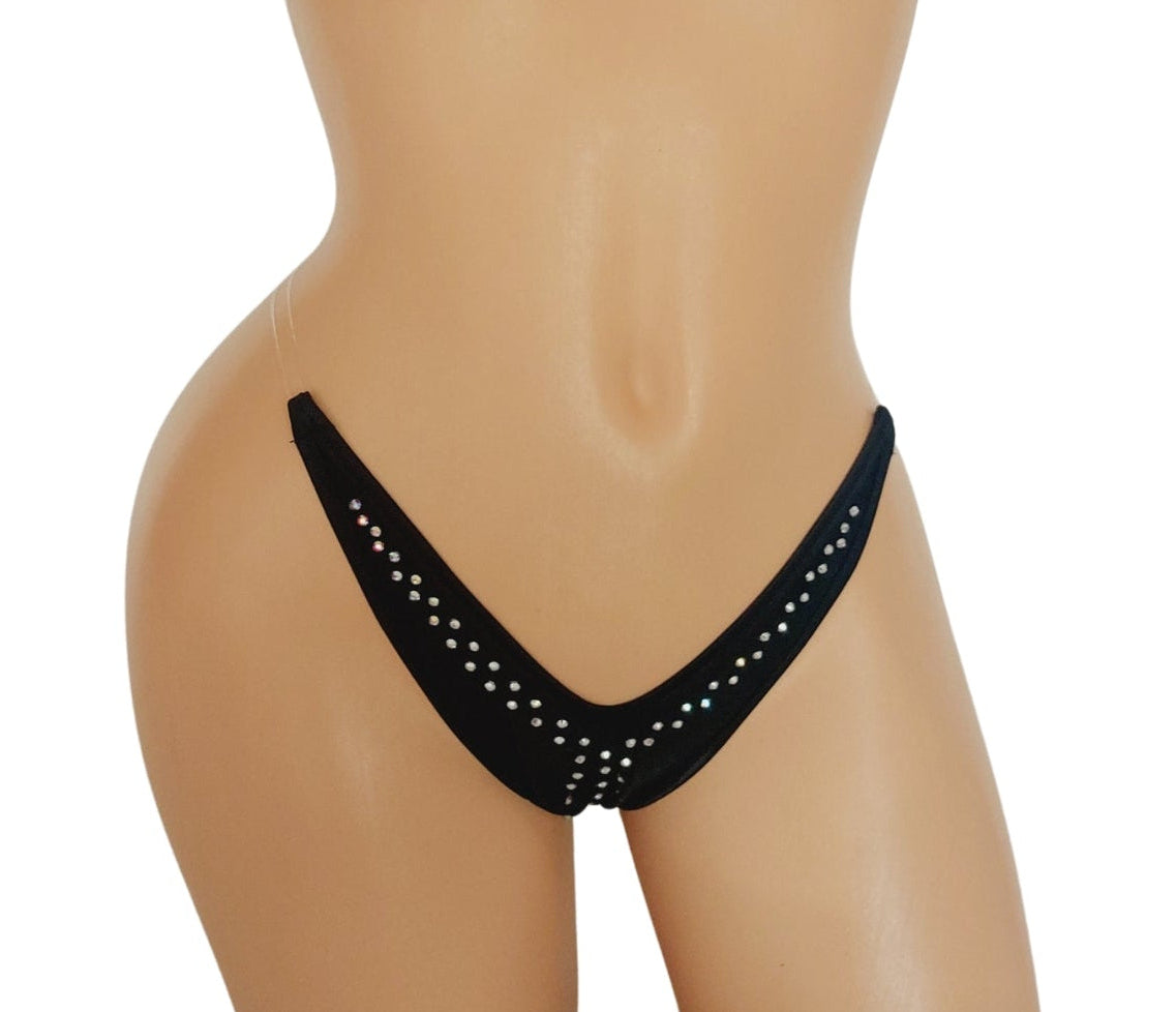 Black bikini set with silver rhinestone embellishments, displayed on a beige female mannequin torso against a white background.