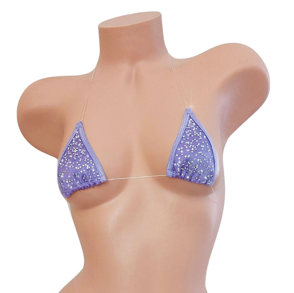 Lavender bikini with rhinestones and clear elastic straps that appear transparent.