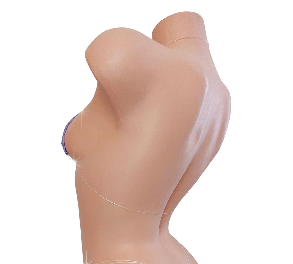 A glossy, flesh-toned female mannequin torso and hips shown in side profile against a plain white background, wearing a small purple bikini bottom with Rhinestones.