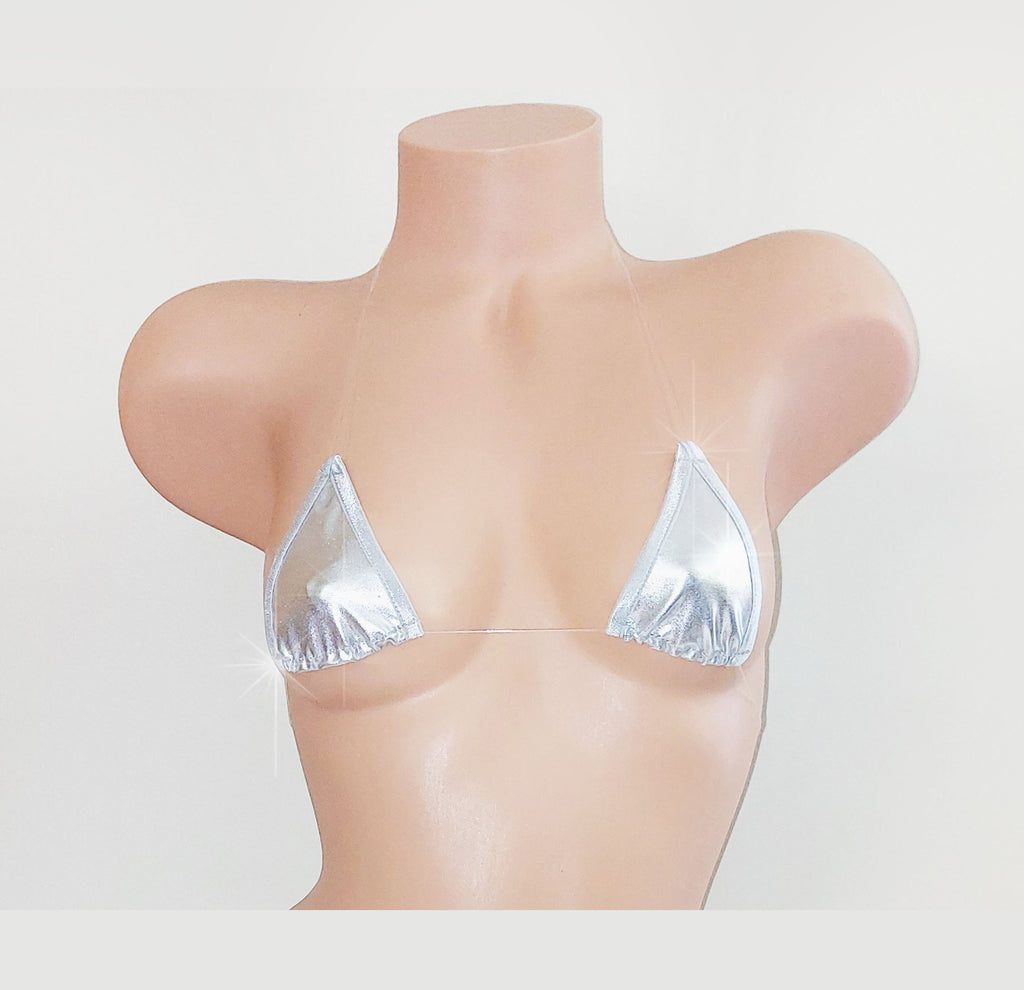 A metallic silver triangle bikini top displayed on a beige mannequin torso against a plain white background.