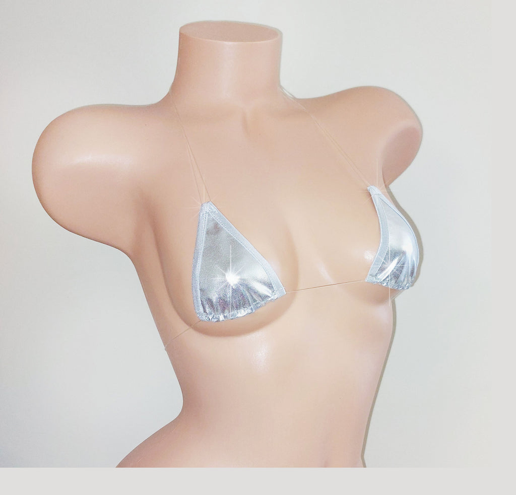 A metallic silver triangle bikini top displayed on a beige mannequin torso against a plain white background.