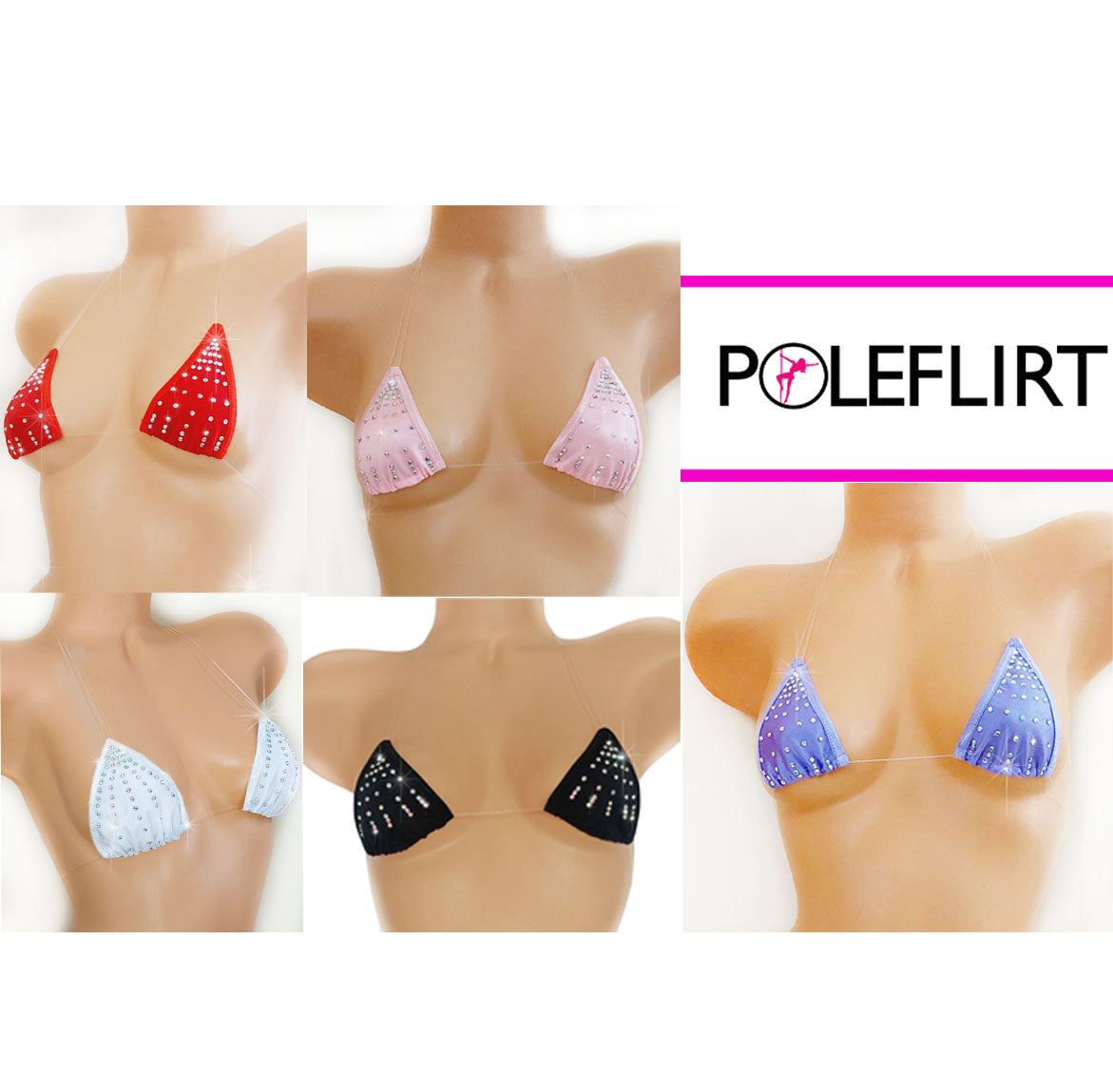 Composite of 5 different colored triangle bikini tops with rhinestone design, in red, baby pink, white, black and lavender colors, on a plastic beige female torso mannequin against a plain background put together as a composite.