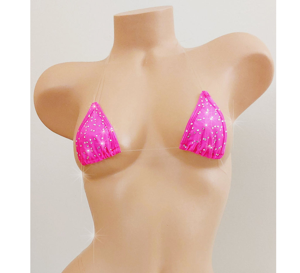Hot PInk rhinestone bikini top with clear elastic cord straps that appear invisible on a torso mannequin on a white background.