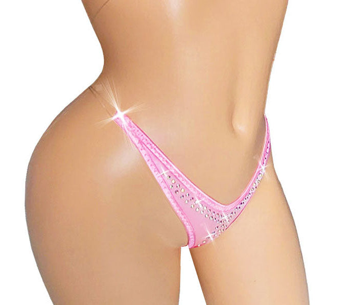 Pink thong underwear with rhinestone embellishments, displayed on a beige mannequin torso against a white background.